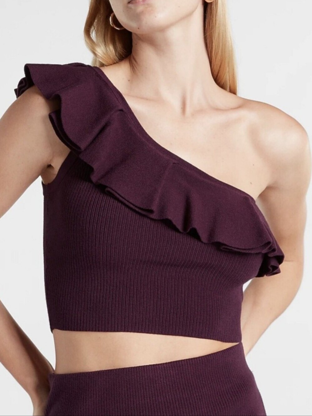 NWT Express One Shoulder Top Ribbed Knit Large Cropped Ruffle Sweater